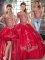 Red Three Pieces Tulle Off The Shoulder Sleeveless Beading and Embroidery Floor Length Lace Up 15th Birthday Dress