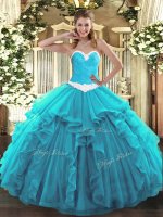 Elegant Aqua Blue Organza Lace Up Sweetheart Sleeveless Floor Length Sweet 16 Dress Appliques and Ruffles