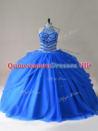 Decent Royal Blue Ball Gowns Beading Ball Gown Prom Dress Lace Up Tulle Sleeveless Floor Length