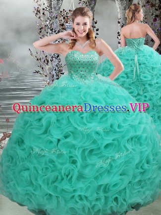 Turquoise Ball Gowns Beading 15 Quinceanera Dress Lace Up Fabric With Rolling Flowers Sleeveless