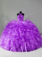 Sleeveless Organza Brush Train Zipper Sweet 16 Dresses in Purple with Beading and Ruffles