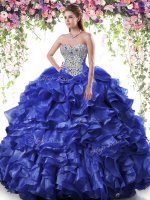 Fantastic Royal Blue Ball Gowns Sweetheart Sleeveless Organza Floor Length Lace Up Beading and Ruffles Quinceanera Dress