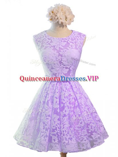 Pretty Scoop Sleeveless Quinceanera Dama Dress Knee Length Belt Lavender Lace - Click Image to Close