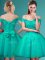 Discount Off The Shoulder Cap Sleeves Quinceanera Court Dresses Knee Length Lace and Belt Turquoise Tulle