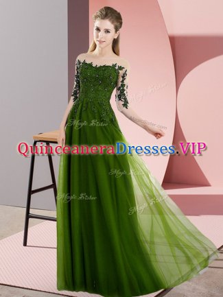 Luxurious Bateau Half Sleeves Dama Dress for Quinceanera Floor Length Beading and Lace Olive Green Chiffon