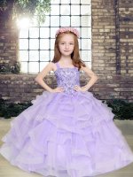 Floor Length Lace Up High School Pageant Dress Lavender for Party and Military Ball and Wedding Party with Beading and Ruffles