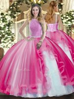 Wonderful Ball Gowns Quinceanera Gown Hot Pink High-neck Tulle Sleeveless Floor Length Lace Up(SKU SJQDDT1442002BIZ)