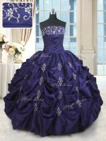 Floor Length Dark Purple Quinceanera Gowns Taffeta Sleeveless Beading and Appliques and Embroidery and Pick Ups