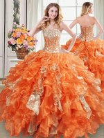 Superior Orange Ball Gowns Sweetheart Sleeveless Organza Floor Length Lace Up Beading and Ruffles and Sequins Sweet 16 Dresses(SKU PSSW0426MT-1BIZ)