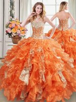 Superior Orange Ball Gowns Sweetheart Sleeveless Organza Floor Length Lace Up Beading and Ruffles and Sequins Sweet 16 Dresses