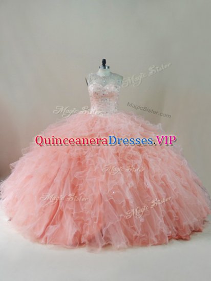 Peach Tulle Lace Up Scoop Sleeveless Floor Length Quinceanera Dresses Beading and Ruffles - Click Image to Close