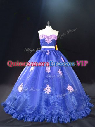 Custom Design Sleeveless Organza Brush Train Zipper Sweet 16 Dresses in Blue with Appliques