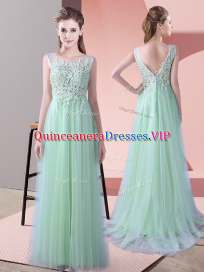 Comfortable Sleeveless Tulle Brush Train Zipper Quinceanera Court of Honor Dress in Apple Green with Beading and Lace - Click Image to Close