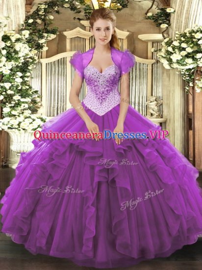 Eggplant Purple Tulle Lace Up Ball Gown Prom Dress Sleeveless Floor Length Beading - Click Image to Close