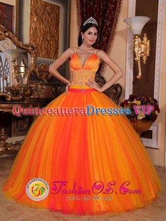 League City TX V-neck With Spaghetti straps Taffeta and Tulle Orange Red Fantastic Quinceanera Dresses