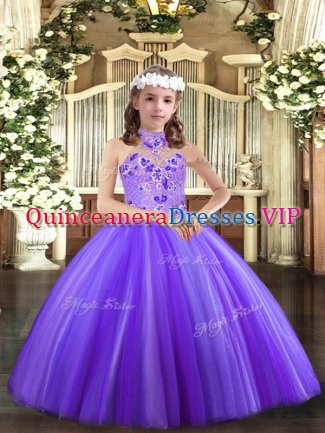 Floor Length Lace Up Pageant Gowns For Girls Lavender for Party and Wedding Party with Appliques