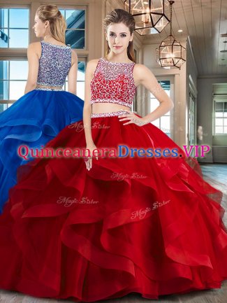 Hot Sale Red Tulle Side Zipper Bateau Sleeveless Floor Length Vestidos de Quinceanera Beading and Ruffles