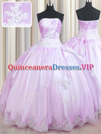 Fine Lilac Ball Gowns Beading and Appliques Quinceanera Gowns Lace Up Taffeta Sleeveless Floor Length
