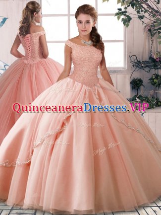 Fashion Off The Shoulder Sleeveless Brush Train Lace Up Quince Ball Gowns Peach Tulle