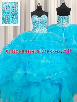 Most Popular Sweetheart Sleeveless Organza 15th Birthday Dress Beading and Ruffles Lace Up