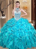 Halter Top Sleeveless Lace Up Floor Length Beading and Ruffles Quinceanera Dresses