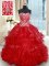 Beauteous Red Organza Lace Up Military Ball Dresses Sleeveless Brush Train Beading and Embroidery and Ruffled Layers