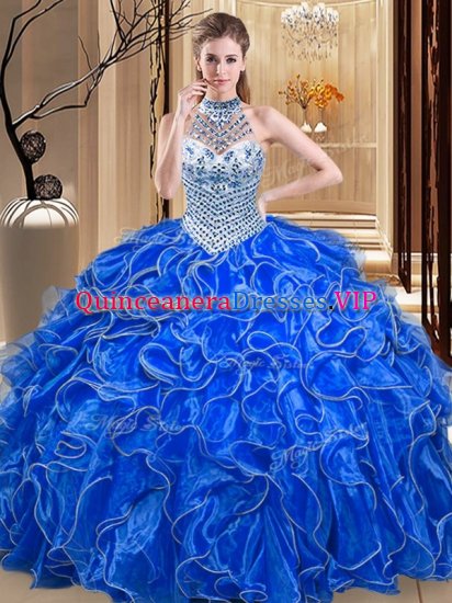 Royal Blue Ball Gowns Halter Top Sleeveless Organza Floor Length Lace Up Beading and Ruffles Quinceanera Dress - Click Image to Close