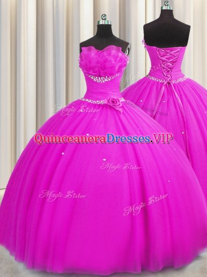 Stunning Handcrafted Flower Fuchsia Strapless Lace Up Beading and Sequins and Hand Made Flower Sweet 16 Dresses Sleeveless - Click Image to Close