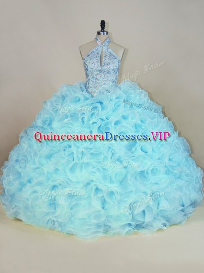 Aqua Blue Fabric With Rolling Flowers Lace Up Vestidos de Quinceanera Sleeveless Brush Train Beading and Ruffles - Click Image to Close