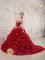 Brand New Wine Red Spaghetti Straps Quinceanera Dress For Los Banos CA Beading Court Train Organza Ball Gown