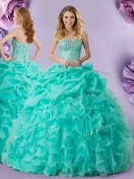 Flirting Turquoise Ball Gowns Organza Sweetheart Sleeveless Beading and Ruffles and Pick Ups Floor Length Lace Up Sweet 16 Dresses(SKU XFQD1315BIZ)