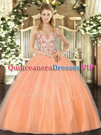 Floor Length Orange 15 Quinceanera Dress Straps Sleeveless Lace Up