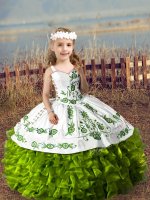 Attractive Olive Green Ball Gowns Straps Sleeveless Organza Floor Length Lace Up Embroidery and Ruffles Little Girls Pageant Dress
