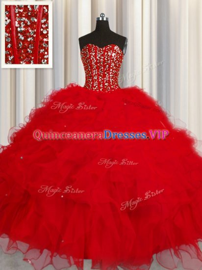Fitting Visible Boning Red Ball Gowns Sweetheart Sleeveless Tulle Floor Length Lace Up Beading and Ruffles and Sequins 15th Birthday Dress - Click Image to Close