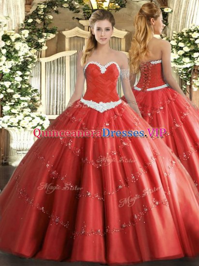 Sleeveless Tulle Floor Length Lace Up Ball Gown Prom Dress in Coral Red with Appliques - Click Image to Close