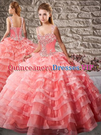 Sleeveless Beading and Ruffled Layers Lace Up Ball Gown Prom Dress with Watermelon Red Court Train