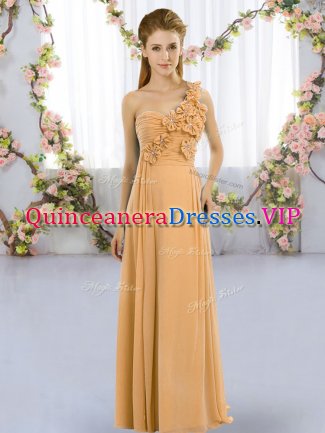 Floor Length Orange Court Dresses for Sweet 16 Chiffon Sleeveless Hand Made Flower
