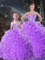 Custom Design Lavender Ball Gowns Beading and Ruffles 15 Quinceanera Dress Lace Up Organza Sleeveless Floor Length