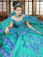 Floor Length Turquoise Ball Gown Prom Dress Off The Shoulder Sleeveless Lace Up