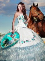 Sleeveless Taffeta Floor Length Lace Up Sweet 16 Quinceanera Dress in White with Embroidery and Ruffled Layers(SKU XBQD003-1BIZ)