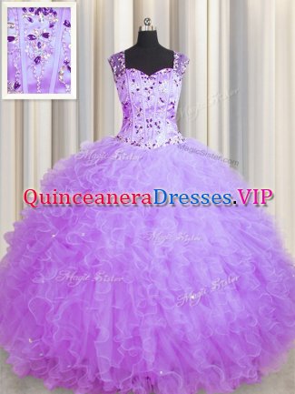 See Through Zipper Up Square Sleeveless Tulle Sweet 16 Dresses Beading and Ruffles Zipper