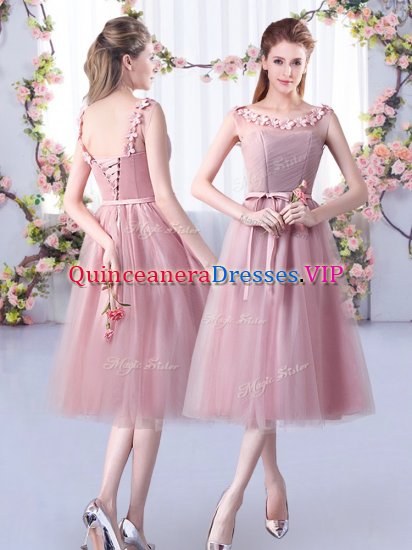 Pink Tulle Lace Up Dama Dress Sleeveless Tea Length Appliques and Belt - Click Image to Close