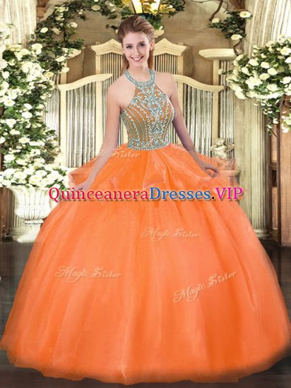 Top Selling Orange Red Halter Top Lace Up Beading and Ruffles Sweet 16 Quinceanera Dress Sleeveless - Click Image to Close