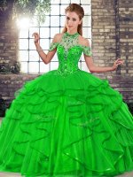 Floor Length Lace Up 15th Birthday Dress Green for Military Ball and Sweet 16 and Quinceanera with Beading and Ruffles