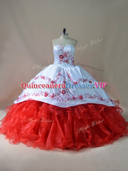 Ball Gowns Sleeveless White And Red Sweet 16 Quinceanera Dress Court Train Lace Up - Click Image to Close