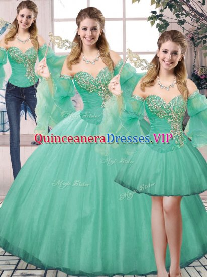Stunning Turquoise Ball Gowns Tulle Sweetheart Sleeveless Beading Floor Length Lace Up Quinceanera Gowns - Click Image to Close