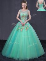 Discount Ball Gowns Quinceanera Gown Turquoise Scoop Organza Sleeveless Floor Length Lace Up(SKU YCQD0122BIZ)
