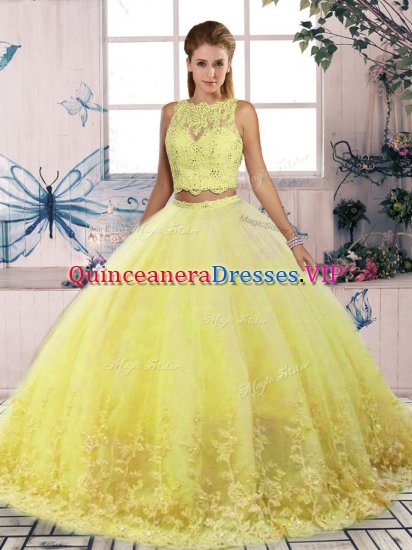 Tulle Scalloped Sleeveless Sweep Train Backless Lace Sweet 16 Quinceanera Dress in Yellow - Click Image to Close