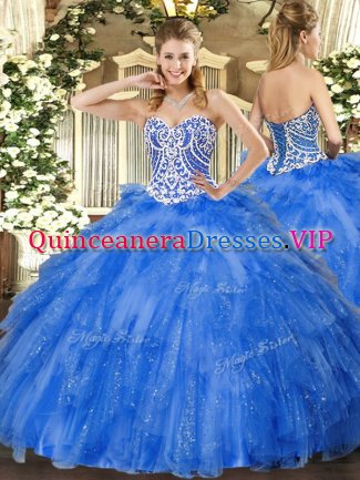 Sleeveless Floor Length Beading and Ruffles Lace Up Military Ball Gown with Blue