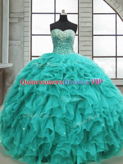 Ball Gowns Quinceanera Gowns Turquoise Sweetheart Organza Sleeveless Floor Length Lace Up - Click Image to Close